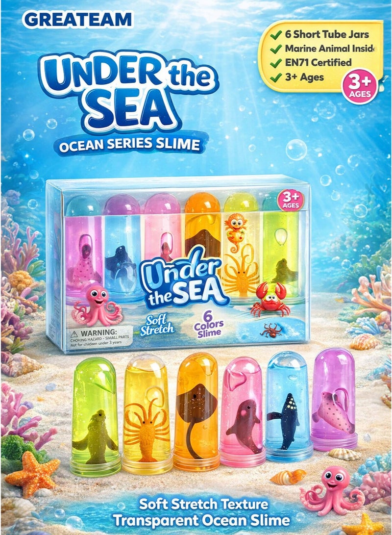 GreaTeam Under The Sea Ocean Series Slime Set for Kids Soft Stretch Transparent Slime 6 Short Test Tube Jar Slimes Marine Sea Animal Toy Inside Every Jar (Sea Lion, Octopus, Stingray, Dolphin, Orca/Whale, Manta Ray) Squish Squeeze Sensory Gooey Crystal Slime Fidget Anti-Stress Sensory Play Imaginative Play, Fine Motor Skills, Hand-Eye Coordination Baby Educational Learning Gift for Ramadan Birthday Giveaway Party Bag Filler School Reward - Image 1